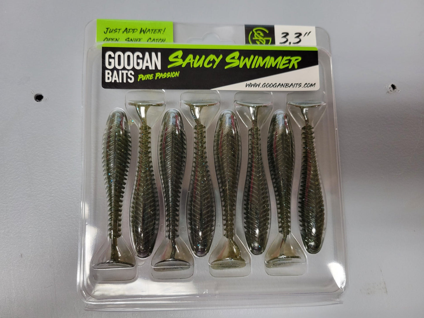 Googan 3.3" Saucy Swimmer Green Pumpkin Blue